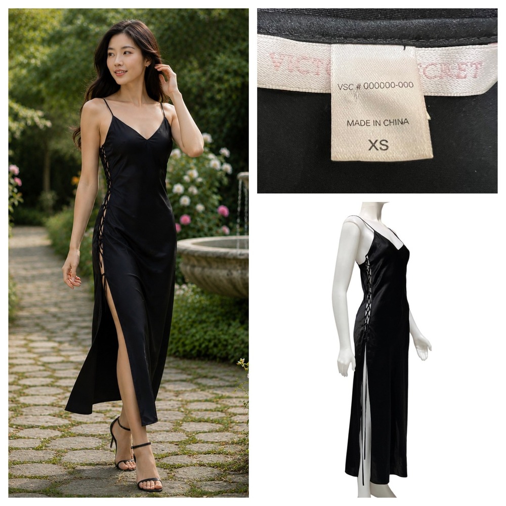 Vintage Victoria's Secret Black Satin Lace Up Maxi Slip Dress Y2K XS Whimsygoth